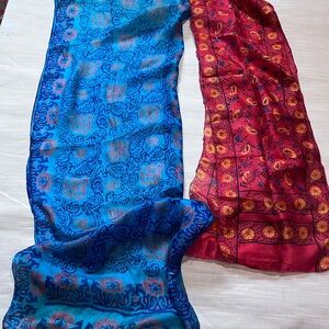 Vintage 100% Silk Set of 2 Vibrant Blue and Red Printed Silk Scarves
